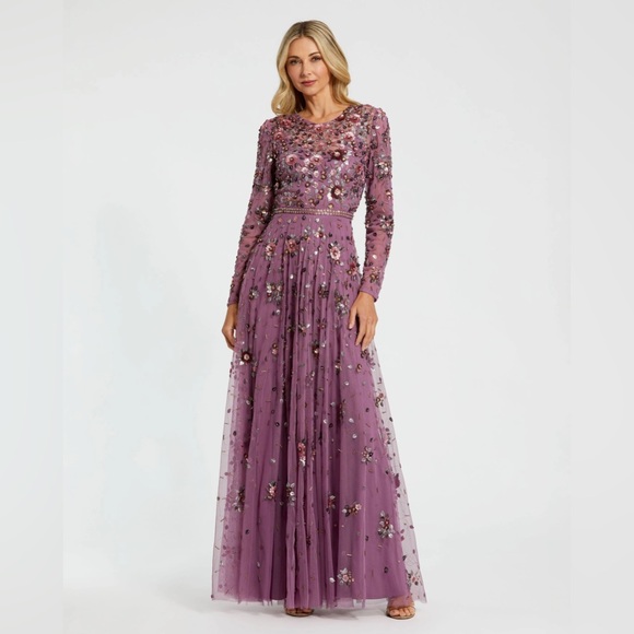 MAC DUGGALPurple Long Sleeve High Neck Beaded Gown